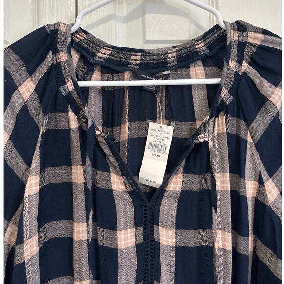 American Eagle NWT Navy Plaid Peasant Blouse XS – Boho Tassel Tie Long Sleeve - Picture 7 of 9